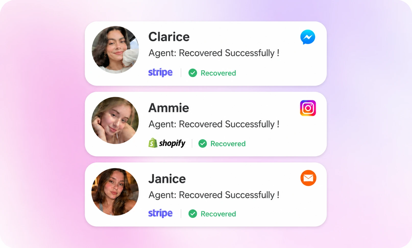 Recovered customer cards: Clarice, Ammie, and Janice